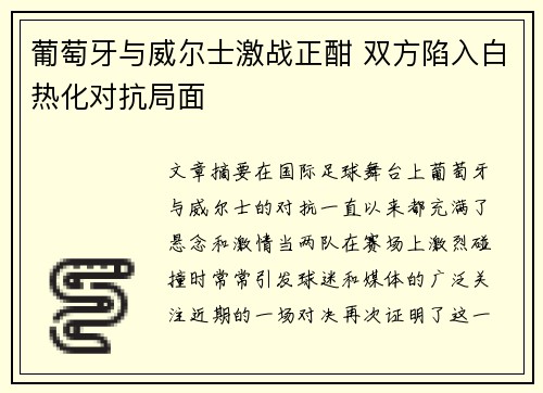 葡萄牙与威尔士激战正酣 双方陷入白热化对抗局面