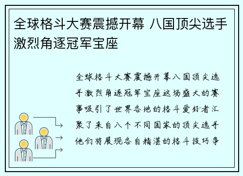 全球格斗大赛震撼开幕 八国顶尖选手激烈角逐冠军宝座
